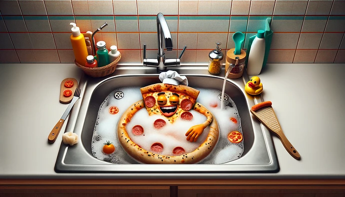 Pizza taking a bath in a sink